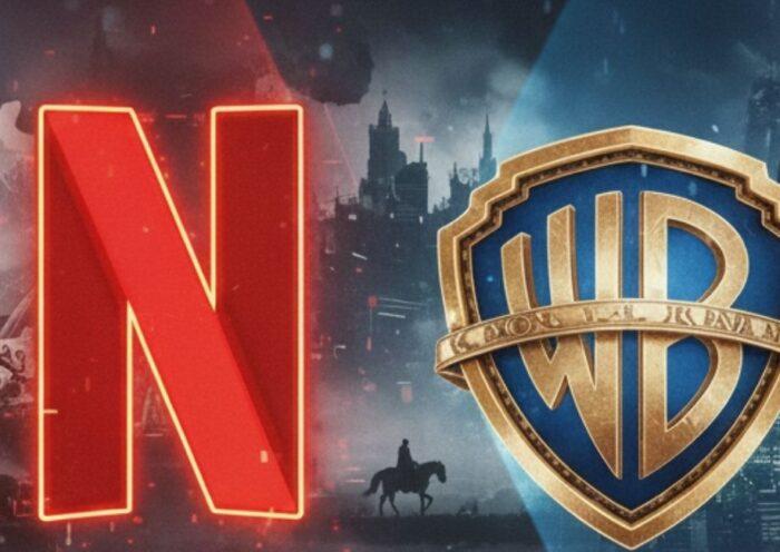 Header con i loghi di Netflix e Warner Bros affiancati; sullo sfondo iconografia fantasy de Il Signore degli Anelli con l’Unico Anello e la torre di Sauron a sinistra, e dall’altra parte skyline di Gotham con Batman. Immagine dedicata alla notizia dell’acquisizione Warner da parte di Netflix.