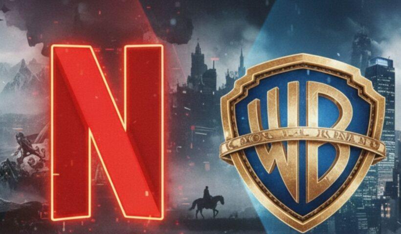 Header con i loghi di Netflix e Warner Bros affiancati; sullo sfondo iconografia fantasy de Il Signore degli Anelli con l’Unico Anello e la torre di Sauron a sinistra, e dall’altra parte skyline di Gotham con Batman. Immagine dedicata alla notizia dell’acquisizione Warner da parte di Netflix.