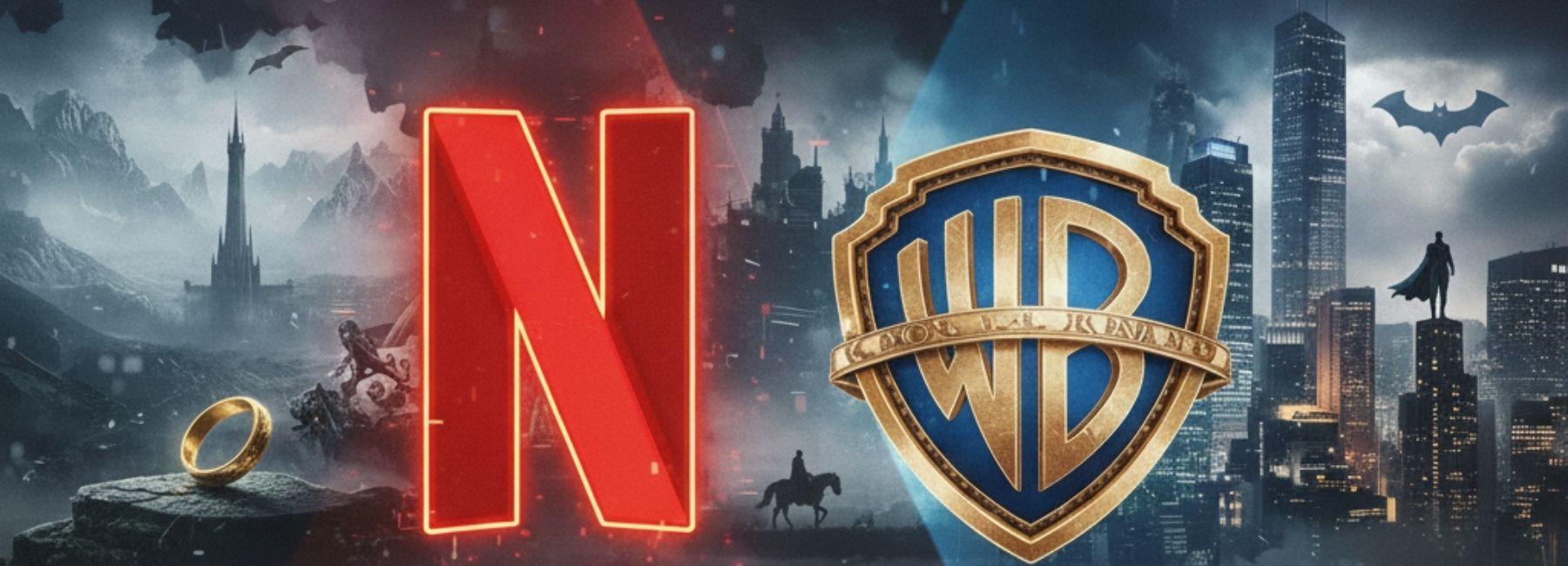 Header con i loghi di Netflix e Warner Bros affiancati; sullo sfondo iconografia fantasy de Il Signore degli Anelli con l’Unico Anello e la torre di Sauron a sinistra, e dall’altra parte skyline di Gotham con Batman. Immagine dedicata alla notizia dell’acquisizione Warner da parte di Netflix.
