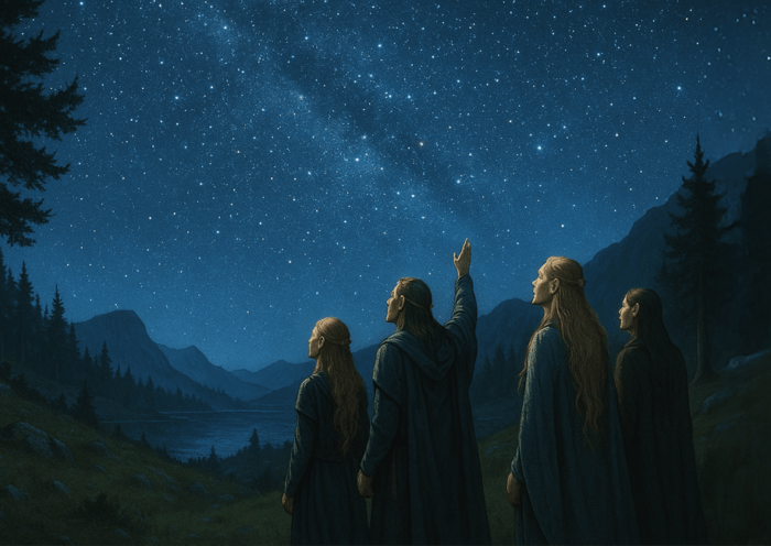 Quattro figure elfiche con lunghi mantelli osservano il cielo stellato sopra una valle montana, immerse in un paesaggio notturno che richiama le atmosfere della Terra di Mezzo e il senso di nostalgia e desiderio tipico del longing tolkieniano.