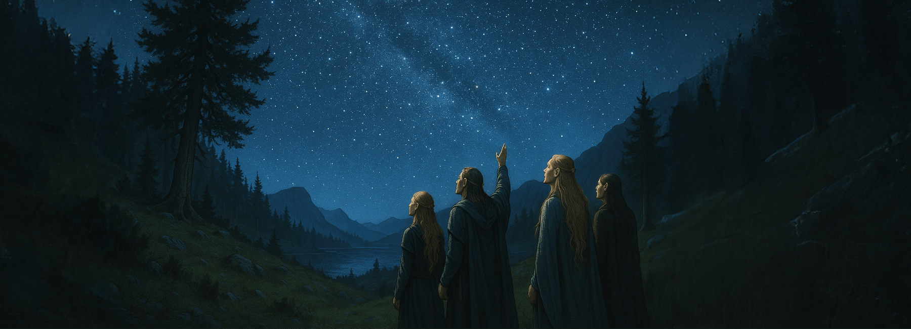 Quattro figure elfiche con lunghi mantelli osservano il cielo stellato sopra una valle montana, immerse in un paesaggio notturno che richiama le atmosfere della Terra di Mezzo e il senso di nostalgia e desiderio tipico del longing tolkieniano.