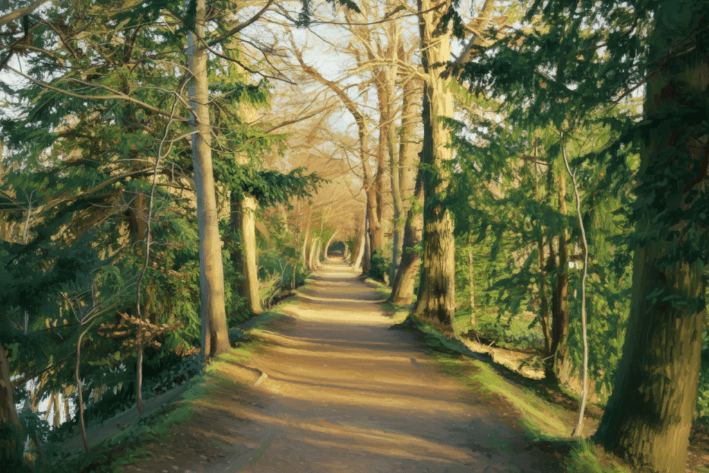 Sentiero nel bosco rappresentato come un dipinto, fiancheggiato da alberi alti e illuminato da una luce calda e dorata che filtra tra le fronde verdi e i tronchi, creando un’atmosfera tranquilla e serena. L'immagine è una rappresentazione in stile pittorico generata con AI dell'Addison's Walk