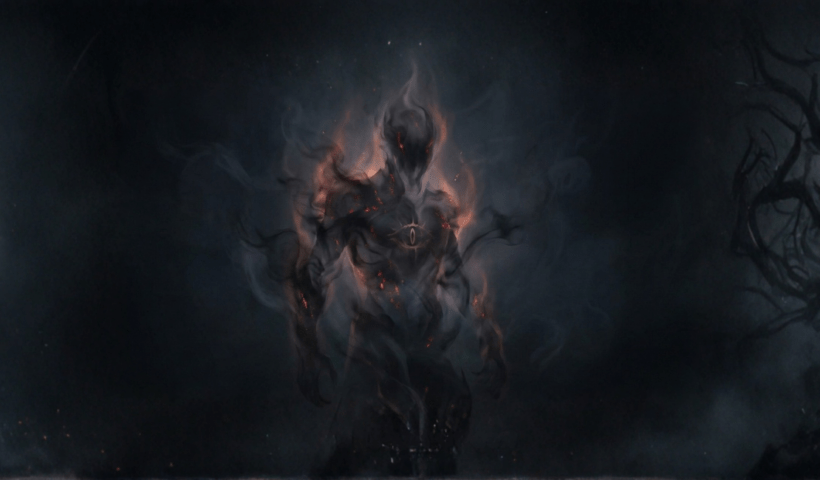 Figura oscura e spettrale al centro, composta da fumo nero e braci incandescenti, con un occhio luminoso sul petto. Sullo sfondo, una densa nebbia grigio‑blu avvolge la scena; a destra si staglia un grande albero secco dai rami contorti, mentre a sinistra una luce fioca emerge dall’oscurità. Atmosfera cupa e inquietante, in stile dark fantasy.