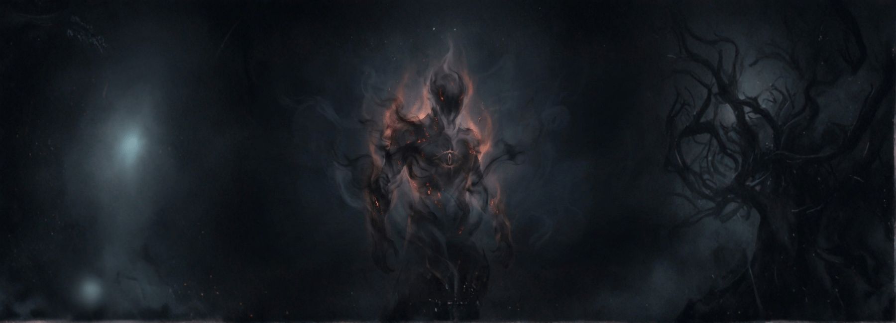 Figura oscura e spettrale al centro, composta da fumo nero e braci incandescenti, con un occhio luminoso sul petto. Sullo sfondo, una densa nebbia grigio‑blu avvolge la scena; a destra si staglia un grande albero secco dai rami contorti, mentre a sinistra una luce fioca emerge dall’oscurità. Atmosfera cupa e inquietante, in stile dark fantasy.