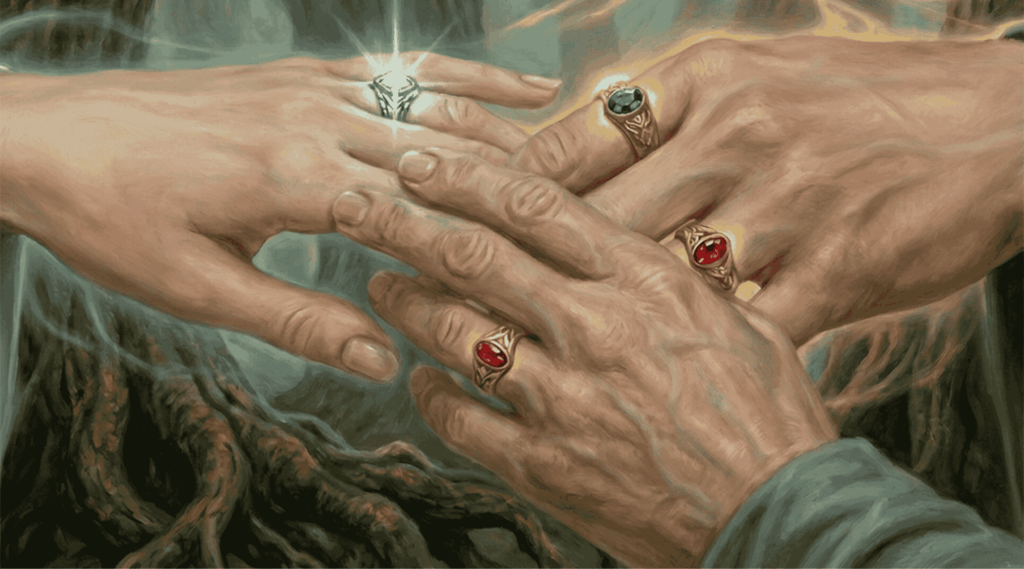 I Tre Anelli del Potere elfici vengono indossati in un gesto solenne 