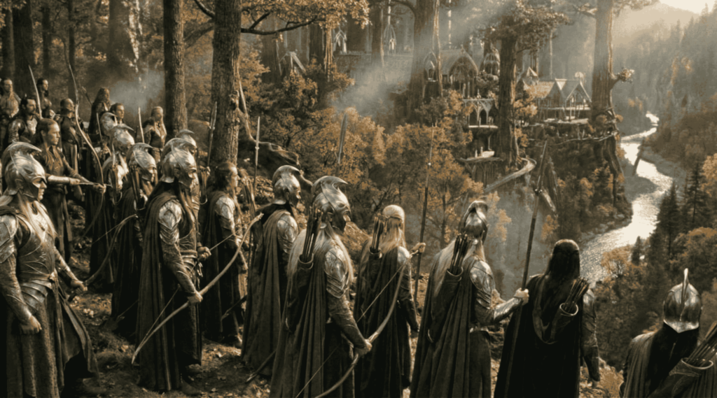 Gruppo di Elfi armati con archi e lance osserva una valle boscosa; sullo sfondo una città elfica costruita tra gli alberi, accanto a un fiume.