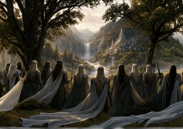 Gruppo di elfi in abiti cerimoniali osserva una valle incantata al tramonto, con cascate, fiume sereno e città elfiche tra le montagne — scena fantasy immersa nella natura.