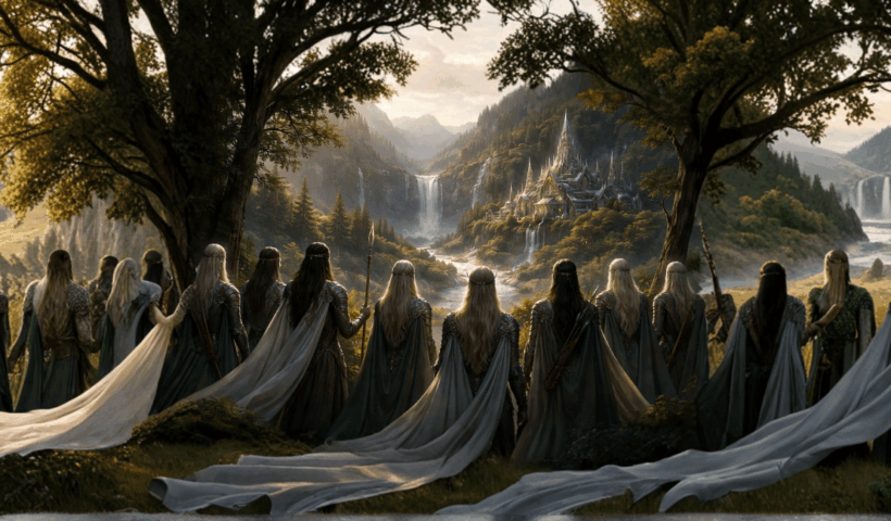 Gruppo di elfi in abiti cerimoniali osserva una valle incantata al tramonto, con cascate, fiume sereno e città elfiche tra le montagne — scena fantasy immersa nella natura.