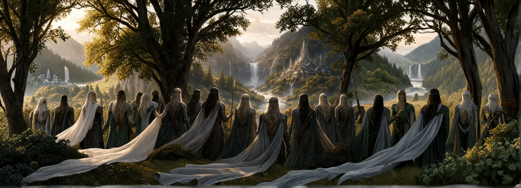 Gruppo di elfi in abiti cerimoniali osserva una valle incantata al tramonto, con cascate, fiume sereno e città elfiche tra le montagne — scena fantasy immersa nella natura.