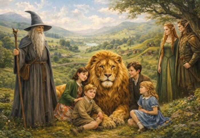 Illustrazione fantasy che unisce riferimenti a Tolkien e alle Cronache di Narnia: in una radura boschiva, al centro un grande leone dorato che richiama Aslan è seduto a terra, circondato da quattro bambini simili ai fratelli Pevensie che lo accarezzano con fiducia. A sinistra compare una figura anziana con cappello a punta, bastone e lunga barba grigia che richiama Gandalf, mentre sullo sfondo si apre un paesaggio collinare verde con fiume e piccoli villaggi. A destra, tra gli alberi, una donna e un uomo in eleganti abiti medievali osservano la scena. L’immagine, in stile pittorico realistico, evoca l’incontro immaginario tra l’universo tolkieniano e quello di Narnia.