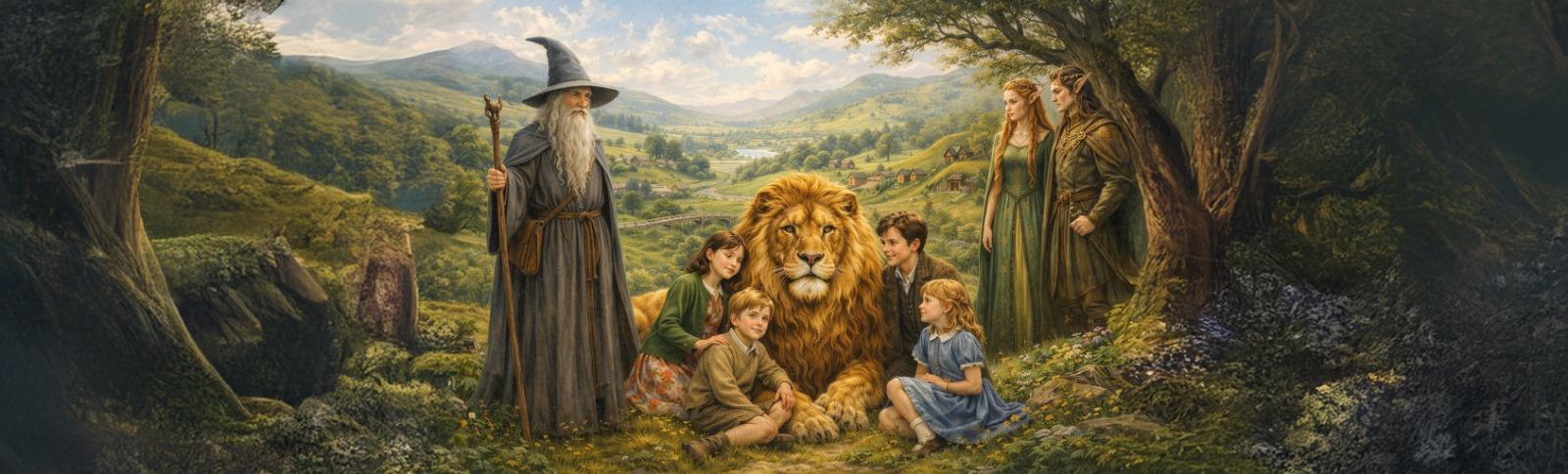 Illustrazione fantasy che unisce riferimenti a Tolkien e alle Cronache di Narnia: in una radura boschiva, al centro un grande leone dorato che richiama Aslan è seduto a terra, circondato da quattro bambini simili ai fratelli Pevensie che lo accarezzano con fiducia. A sinistra compare una figura anziana con cappello a punta, bastone e lunga barba grigia che richiama Gandalf, mentre sullo sfondo si apre un paesaggio collinare verde con fiume e piccoli villaggi. A destra, tra gli alberi, una donna e un uomo in eleganti abiti medievali osservano la scena. L’immagine, in stile pittorico realistico, evoca l’incontro immaginario tra l’universo tolkieniano e quello di Narnia.