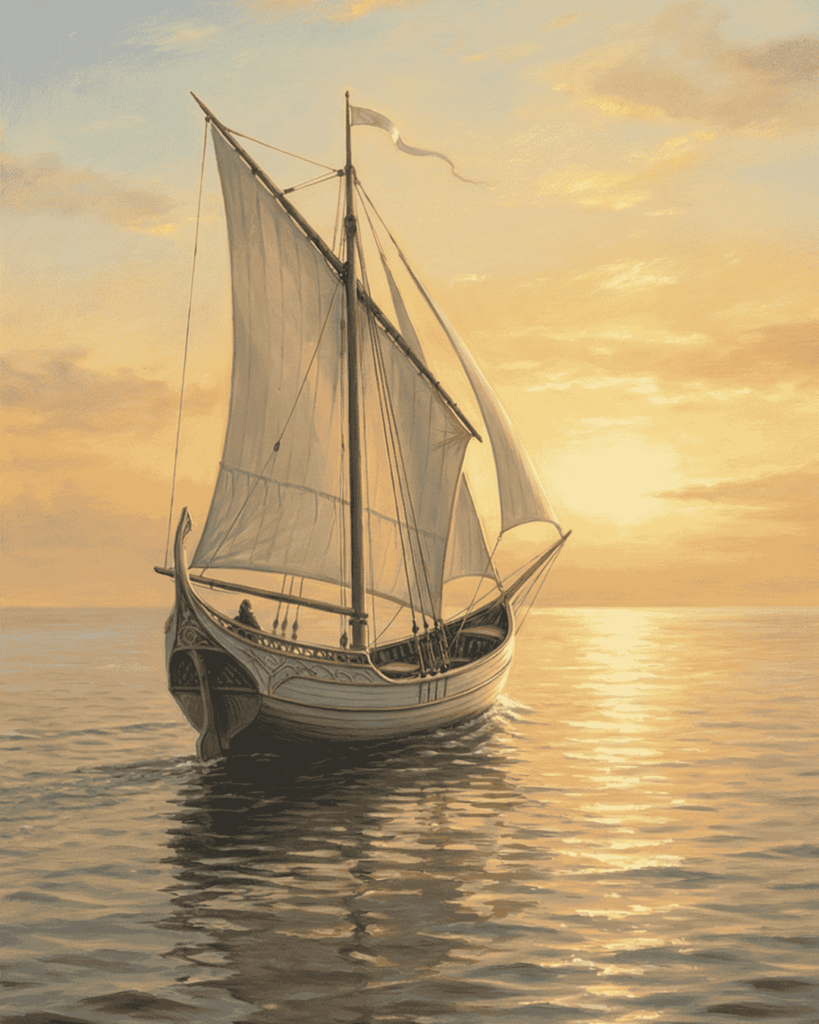 Una nave elfica veleggia verso Valinor