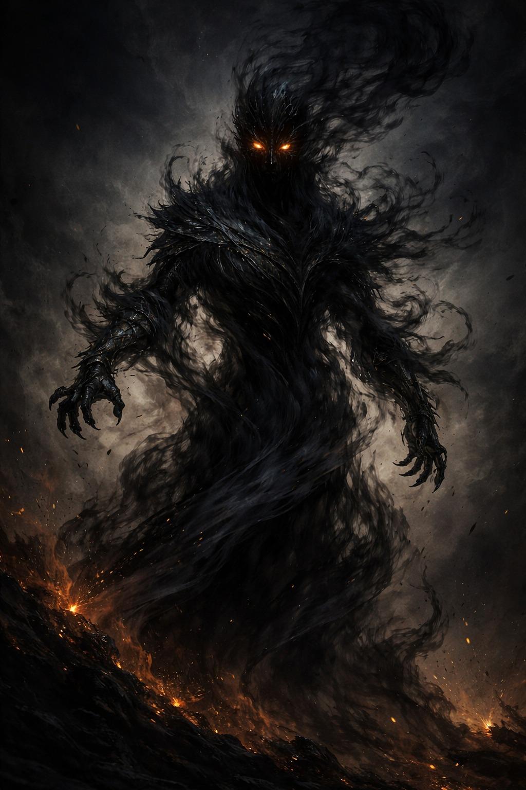 Figura oscura e imponente fatta di fumo e ombra, dagli occhi ardenti color fuoco. Il corpo vorticoso sembra dissolversi nell’aria, con artigli neri protesi in avanti. Alla base, lingue di lava e scintille incandescenti illuminano debolmente la scena, creando un’atmosfera apocalittica e minacciosa in stile dark fantasy.