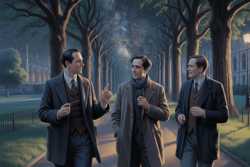 Tre studiosi in abiti anni '30 che camminano lungo un viale alberato di Oxford, evocando l'atmosfera degli Inklings, il gruppo letterario di J.R.R. Tolkien e C.S. Lewis. Cielo notturno stellato, edifici gotici dell'università sullo sfondo e lampioni che illuminano il sentiero. 