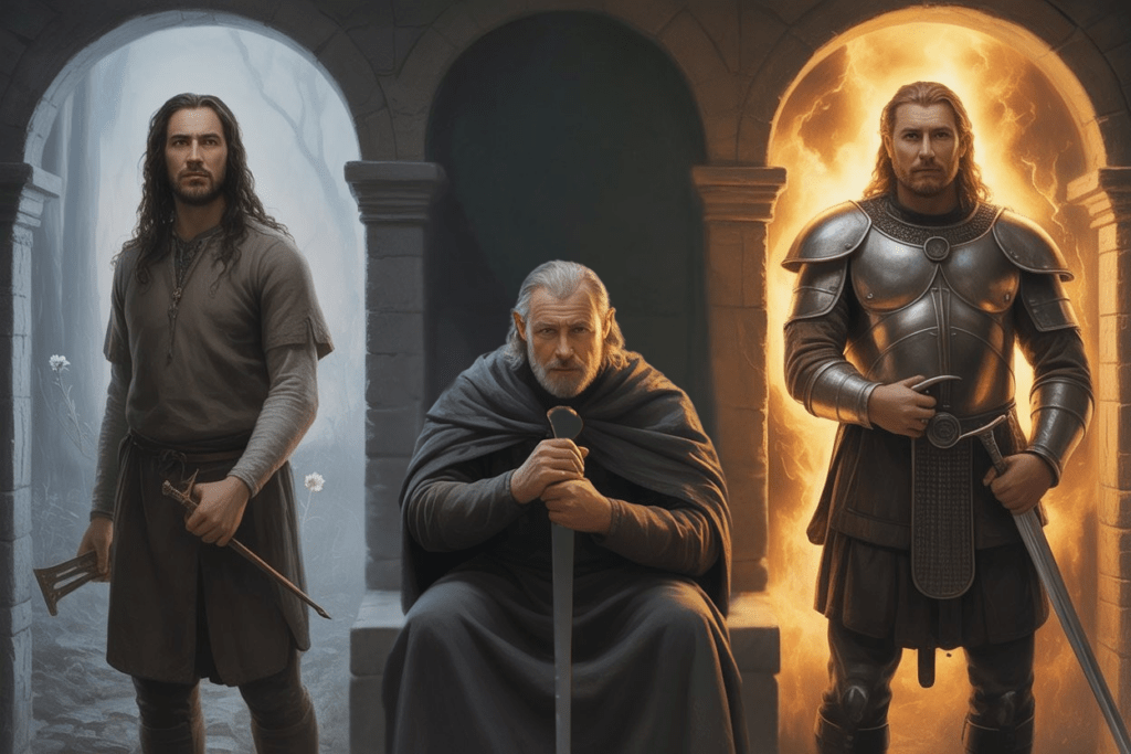 "Illustrazione digitale dei personaggi di Tolkien: Faramir vestito umilmente con sfondo nebbioso a sinistra, Denethor Sovrintendente di Gondor seduto con spada al centro, e Boromir il primogenito in armatura completa con sfondo infuocato a destra, rappresentando il fardello del potere paterno."