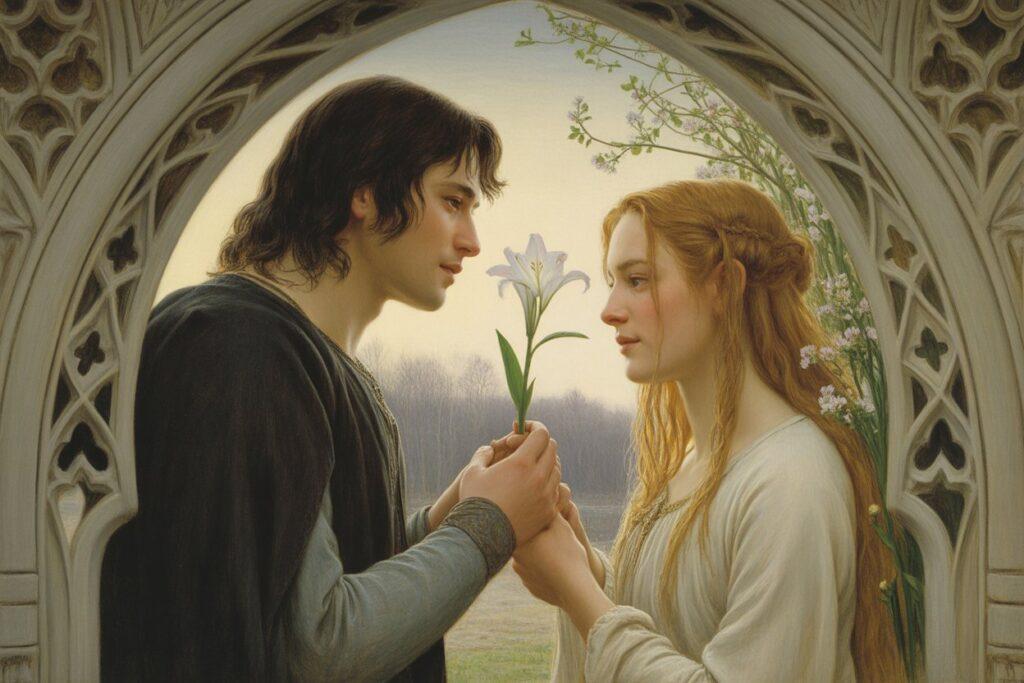 Dipinto in stile artistico di Faramir ed Éowyn che si guardano negli occhi attraverso un arco di pietra. Faramir, con capelli scuri, porge delicatamente un fiore bianco a Éowyn, che ha lunghi capelli biondi e indossa un abito chiaro. Simbolo di pace e amore nascente.