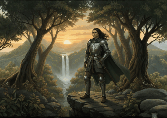 Illustrazione fantasy di Faramir, capitano di Gondor (Tolkien), in armatura su sentiero tra foresta, cascata e tramonto epico.