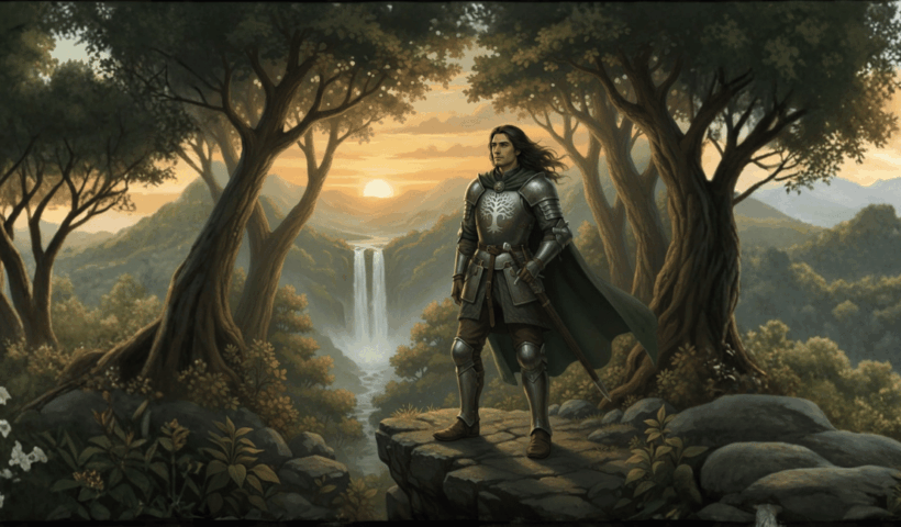Illustrazione fantasy di Faramir, capitano di Gondor (Tolkien), in armatura su sentiero tra foresta, cascata e tramonto epico.