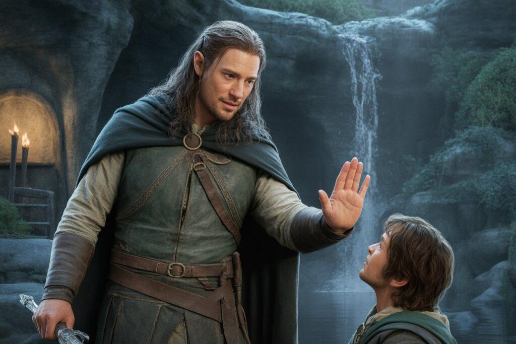 Illustrazione realistica di Faramir e Frodo Baggins nella grotta. Faramir, con capelli lunghi e abiti da ramingo verdi, alza una mano in segno di rifiuto pacifico mentre guarda Frodo, che lo osserva dal basso. Sullo sfondo una cascata e pareti rocciose.