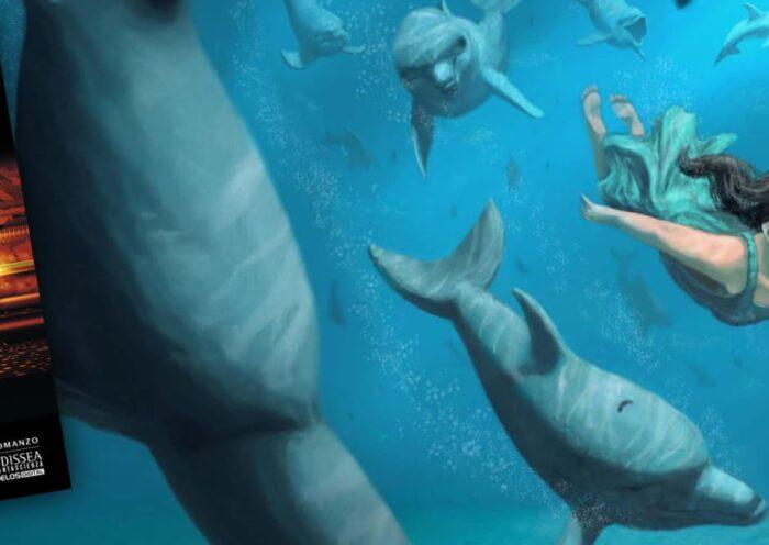 Copertina del romanzo di fantascienza La Prima Colonia di Edoardo Volpi Kellermann (The Montecristo Project 1, Delos Digital), sovrapposta a un'illustrazione fantasy di una ragazza che nuota sott'acqua circondata da delfini.