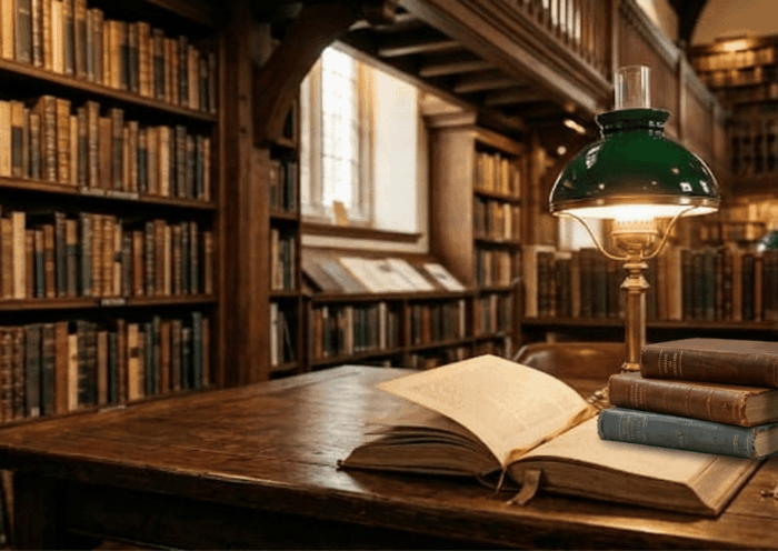 Un'affascinante veduta di un'antica biblioteca in legno con scaffali colmi di libri rari, riscaldata dalla luce calda di una lampada verde in ottone posata su uno scrittoio di quercia. In primo piano, il celebre libro illustrato "Il Bestiario di Tolkien" di David Day, con la copertina che ritrae un maestoso drago in stile meccanico tra i libri della biblioteca.