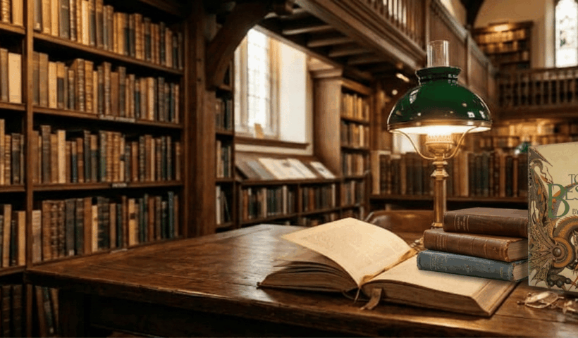 Un'affascinante veduta di un'antica biblioteca in legno con scaffali colmi di libri rari, riscaldata dalla luce calda di una lampada verde in ottone posata su uno scrittoio di quercia. In primo piano, il celebre libro illustrato "Il Bestiario di Tolkien" di David Day, con la copertina che ritrae un maestoso drago in stile meccanico tra i libri della biblioteca.