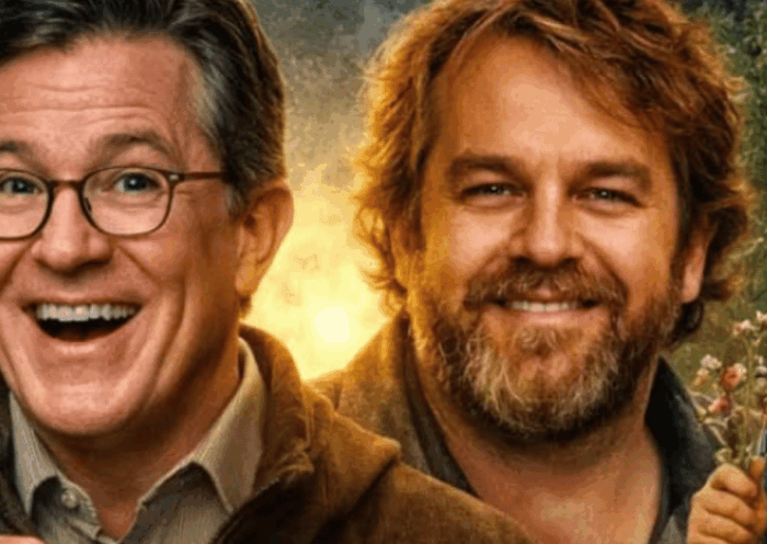 Immagine promozionale per l'annuncio del nuovo film tolkieniano: a sinistra un Nazgûl a cavallo, al centro due figure che rappresentano Stephen Colbert e Peter Jackson in primo piano davanti a un bagliore di luce, a destra una figura in stile Tom Bombadil con barba rossa, cappello giallo e fiori in mano, sullo sfondo un paesaggio della Terra di Mezzo.