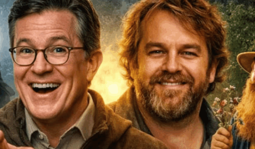 Immagine promozionale per l'annuncio del nuovo film tolkieniano: a sinistra un Nazgûl a cavallo, al centro due figure che rappresentano Stephen Colbert e Peter Jackson in primo piano davanti a un bagliore di luce, a destra una figura in stile Tom Bombadil con barba rossa, cappello giallo e fiori in mano, sullo sfondo un paesaggio della Terra di Mezzo.