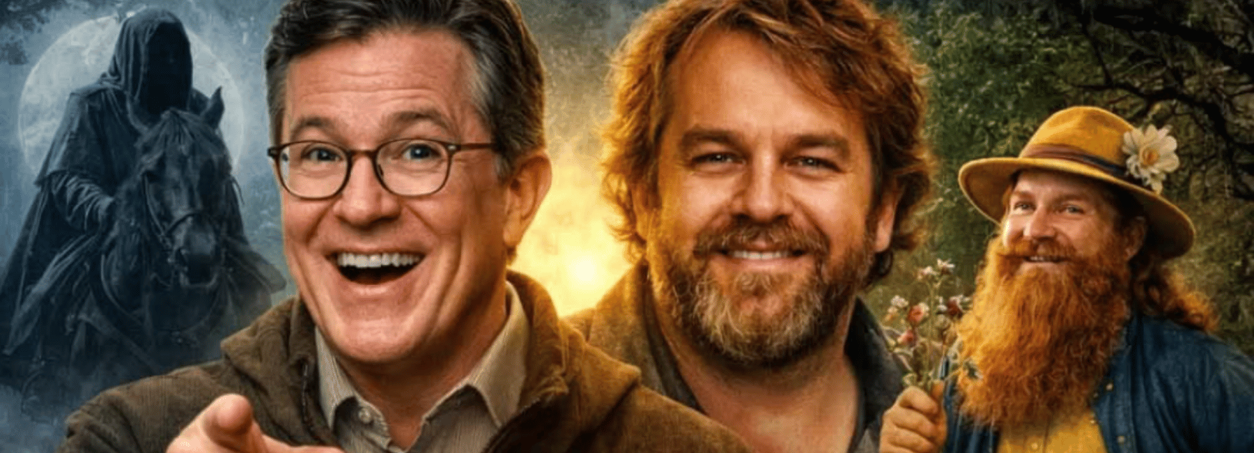 Immagine promozionale per l'annuncio del nuovo film tolkieniano: a sinistra un Nazgûl a cavallo, al centro due figure che rappresentano Stephen Colbert e Peter Jackson in primo piano davanti a un bagliore di luce, a destra una figura in stile Tom Bombadil con barba rossa, cappello giallo e fiori in mano, sullo sfondo un paesaggio della Terra di Mezzo.