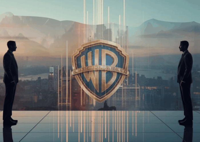Logo di Warner Bros. Discovery al centro di uno skyline urbano futuristico, con due figure in abito scuro che si fronteggiano in silhouette, simbolo di trattative e possibile fusione con Paramount. Sullo sfondo richiami visivi al mondo fantasy e cinematografico, tra cui un anello dorato e una torre, in riferimento all’impatto dell’operazione sull’industria dell’intrattenimento e sulle saghe come Il Signore degli Anelli. Si intavede sulla destra in lontananza anche la sagoma di Batman. Il paesaggio fantasy è sovrapposto in trasparenza a una metropoli.