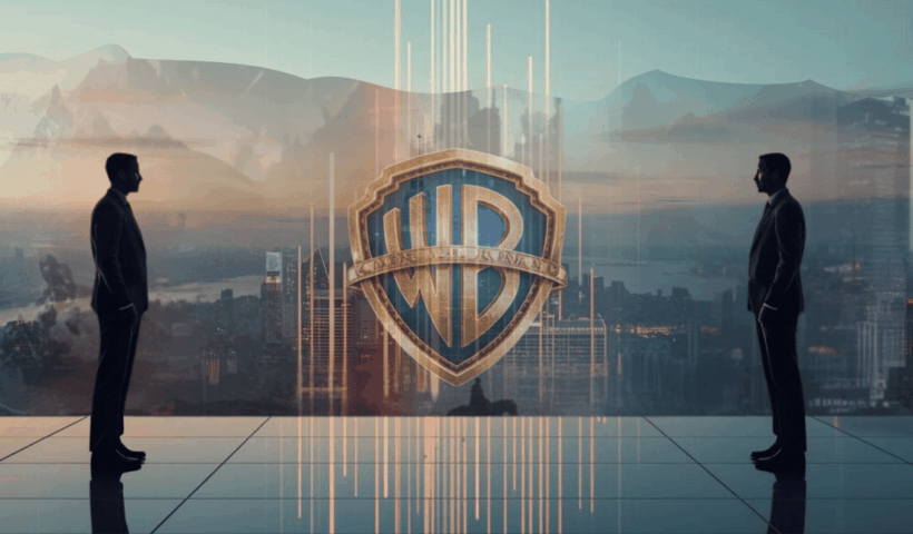 Logo di Warner Bros. Discovery al centro di uno skyline urbano futuristico, con due figure in abito scuro che si fronteggiano in silhouette, simbolo di trattative e possibile fusione con Paramount. Sullo sfondo richiami visivi al mondo fantasy e cinematografico, tra cui un anello dorato e una torre, in riferimento all’impatto dell’operazione sull’industria dell’intrattenimento e sulle saghe come Il Signore degli Anelli. Si intavede sulla destra in lontananza anche la sagoma di Batman. Il paesaggio fantasy è sovrapposto in trasparenza a una metropoli.