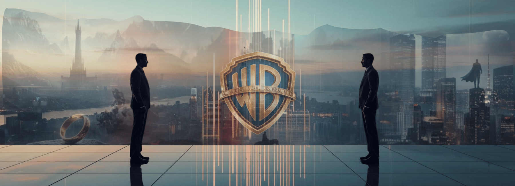 Logo di Warner Bros. Discovery al centro di uno skyline urbano futuristico, con due figure in abito scuro che si fronteggiano in silhouette, simbolo di trattative e possibile fusione con Paramount. Sullo sfondo richiami visivi al mondo fantasy e cinematografico, tra cui un anello dorato e una torre, in riferimento all’impatto dell’operazione sull’industria dell’intrattenimento e sulle saghe come Il Signore degli Anelli. Si intavede sulla destra in lontananza anche la sagoma di Batman. Il paesaggio fantasy è sovrapposto in trasparenza a una metropoli.