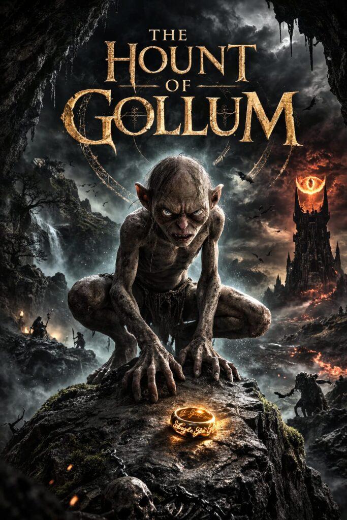 Alt-text SEO:
Poster fan art di **Gollum** (Sméagol) in primo piano mentre striscia verso l’Unico Anello luminoso, con la scritta “The Hunt of Gollum” in alto; sullo sfondo un paesaggio oscuro ispirato alla Terra di Mezzo con torre infuocata e occhio fiammeggiante, riferimento all’universo de Il Signore degli Anelli e alle possibili implicazioni della fusione tra Warner Bros. Discovery e Paramount Global per il futuro delle produzioni Tolkien.