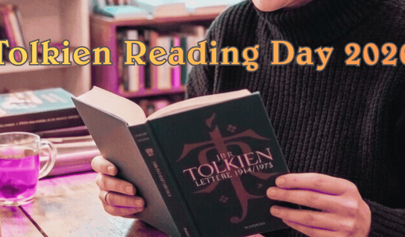 Persona seduta in una stanza mentre legge “The Tolkien Letters 1914/1973” di J.R.R. Tolkien, con una tazza di bevanda sul tavolo che, per l’uso del filtro “hibiscus, appare viola. Circondata da scaffali pieni di libri; immagine dedicata al Tolkien Reading Day 2026, evento internazionale per celebrare le opere di Tolkien.