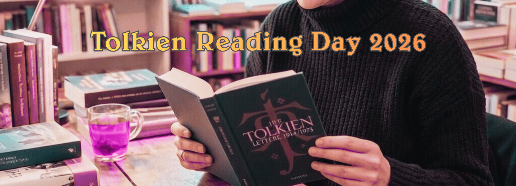 Persona seduta in una stanza mentre legge “The Tolkien Letters 1914/1973” di J.R.R. Tolkien, con una tazza di bevanda sul tavolo che, per l’uso del filtro “hibiscus, appare viola. Circondata da scaffali pieni di libri; immagine dedicata al Tolkien Reading Day 2026, evento internazionale per celebrare le opere di Tolkien.
